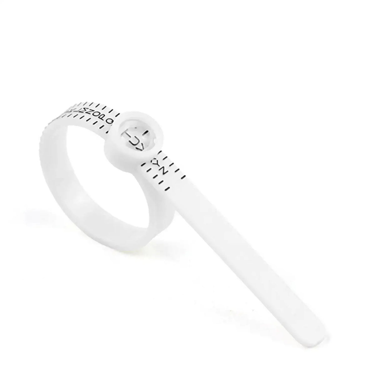 A white ring sizer and measuring tool with a magnifier is shown against a white background.