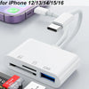 Adaptador universal blanco para leer tarjetas SD, junto a un smartphone y una tarjeta SD.