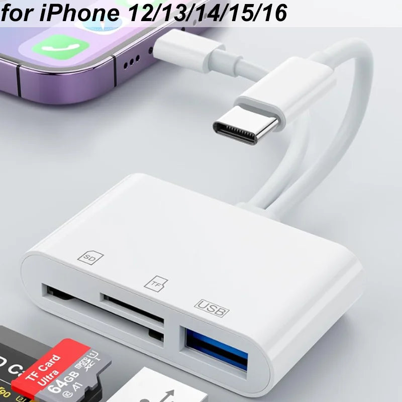 Adaptador universal blanco para leer tarjetas SD, junto a un smartphone y una tarjeta SD.
