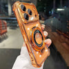 A close-up photo of an orange iPhone magnetic stand case with a kickstand and lens protection being held by a hand.