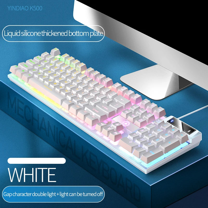 White mechanical keyboard with liquid silicone thickened bottom plate and customizable RGB lighting