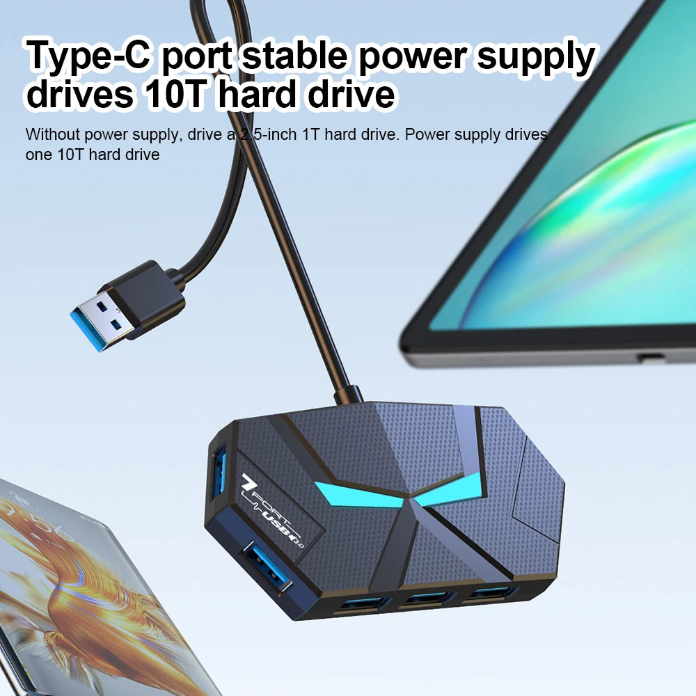A Type-C port stable power supply drives a 10T hard drive, shown connected to a multi-port hub.