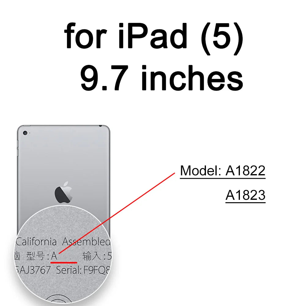 A close-up view of an iPad screen with a red arrow pointing to the model numbers A1822 and A1823.