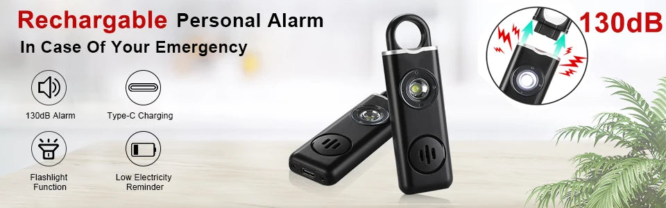 A black rechargeable personal alarm device is shown next to its charging cable and a diagram illustrating its 130dB sound lev