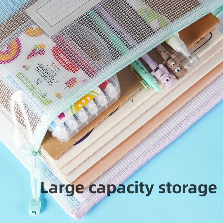 Mesh zipper bags filled with markers and supplies for classroom organization and storage