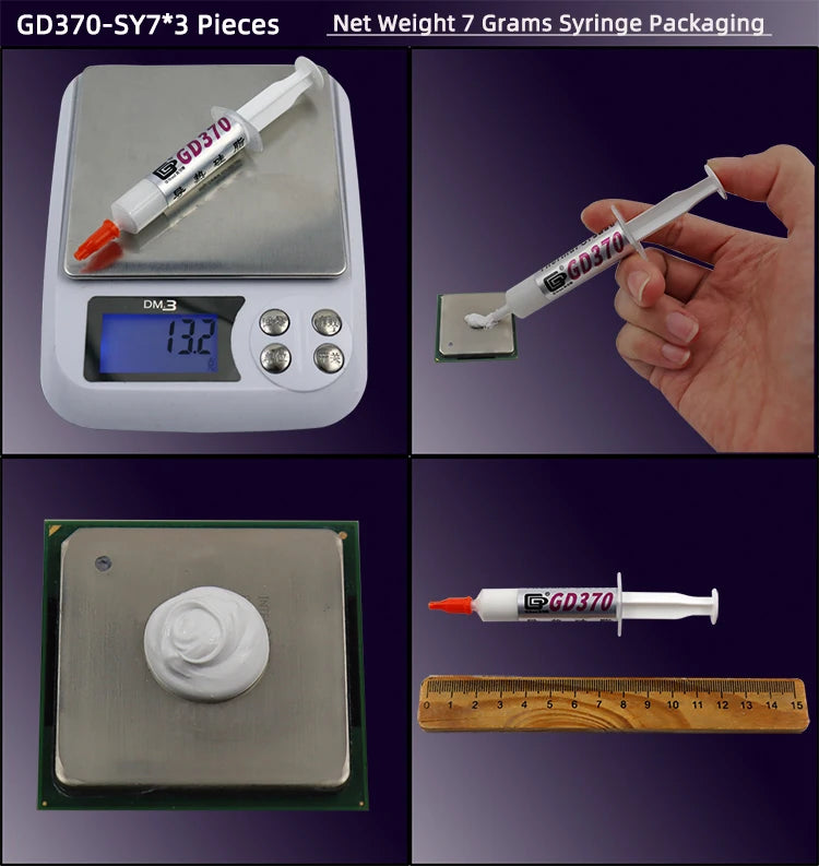 A syringe package of GD370-SY7-3 medical device with a needle and a ruler for scale.