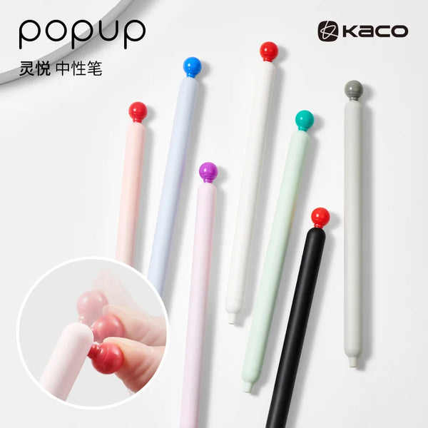 A collection of smooth gel pens in various colors, including pink, blue, purple, and black, shown vertically.