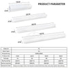 A set of white motion sensor LED night lights with various lengths and battery capacities shown alongside a product parameter