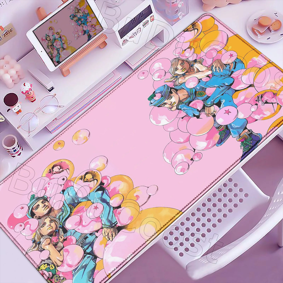 Pink and yellow anime-inspired XXL gaming mouse pad featuring characters in a dynamic pose