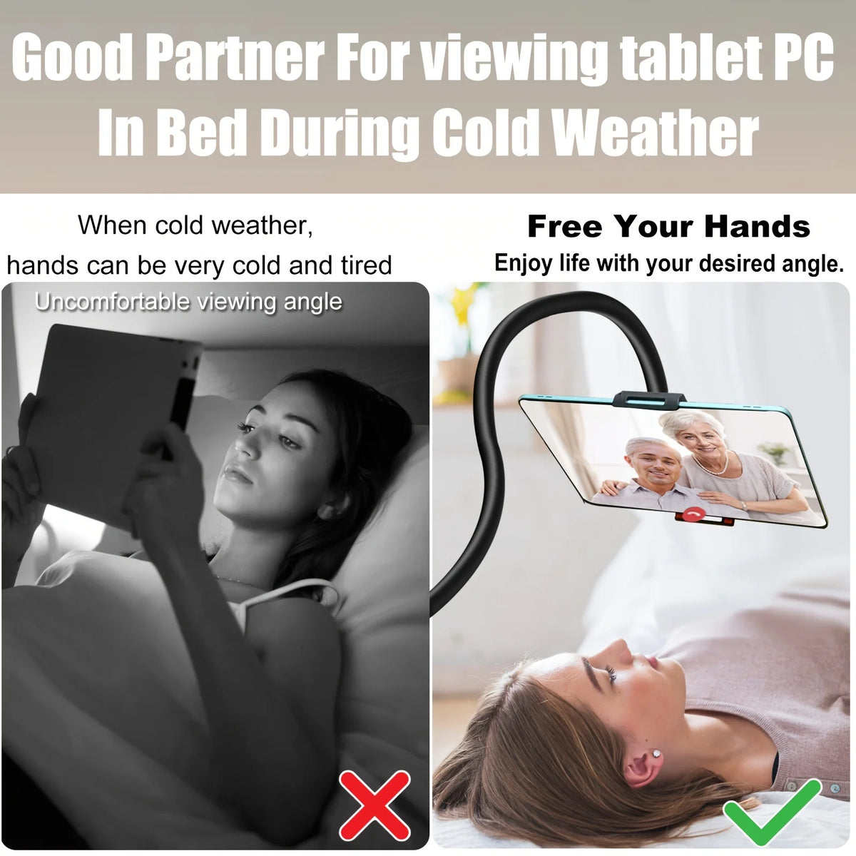A flexible spiral base tablet and phone stand used for viewing in bed during cold weather.