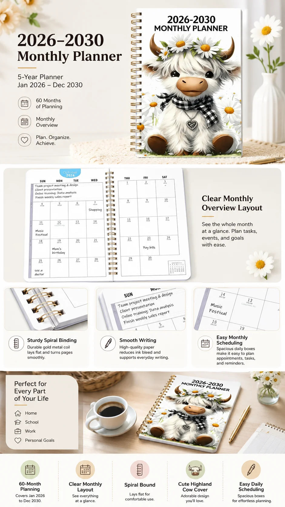 A monthly planner featuring a cute cow design and various planning layouts for 2026-2030.
