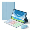 A light blue rainbow backlit keyboard case for an Honor Pad 10 Pro tablet is shown next to a wireless mouse.