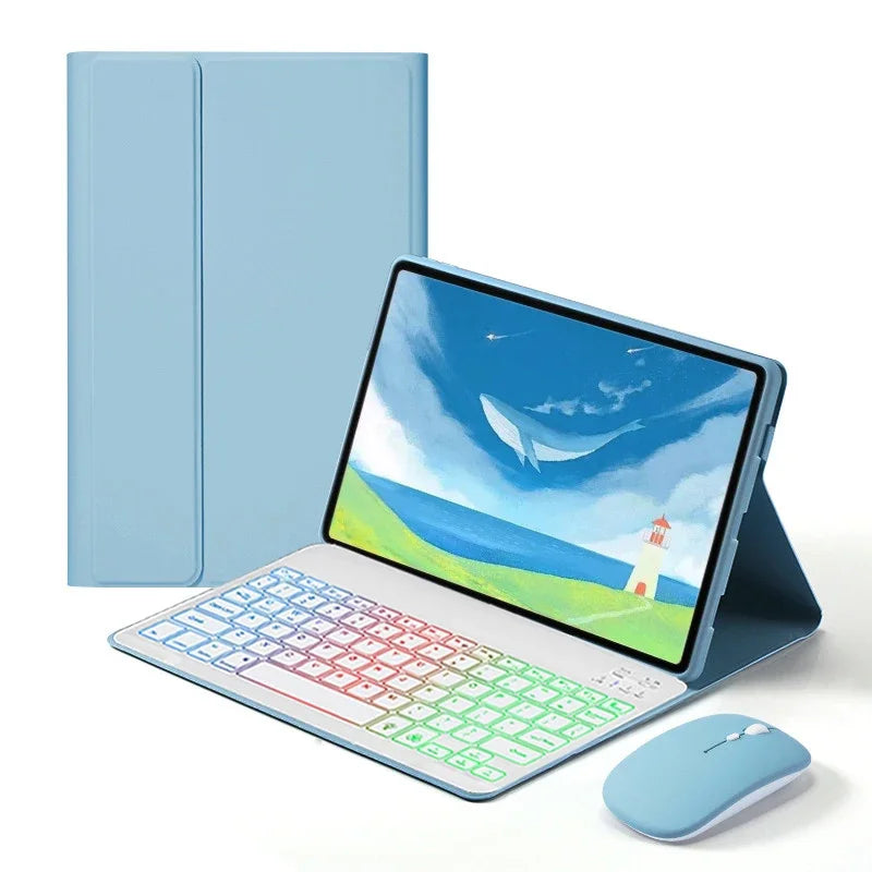 A light blue rainbow backlit keyboard case for an Honor Pad 10 Pro tablet is shown next to a wireless mouse.