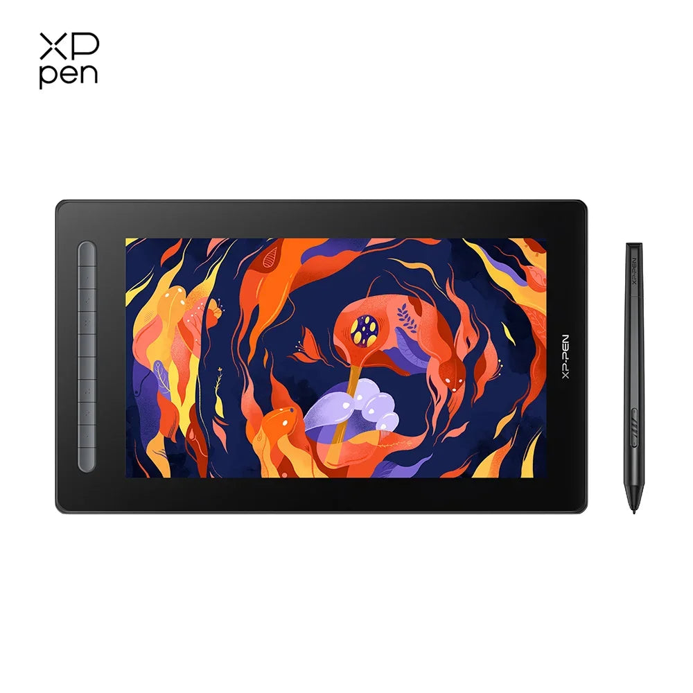 A black XP-Pen digital drawing tablet with a matte screen protector and a stylus visible on the side.