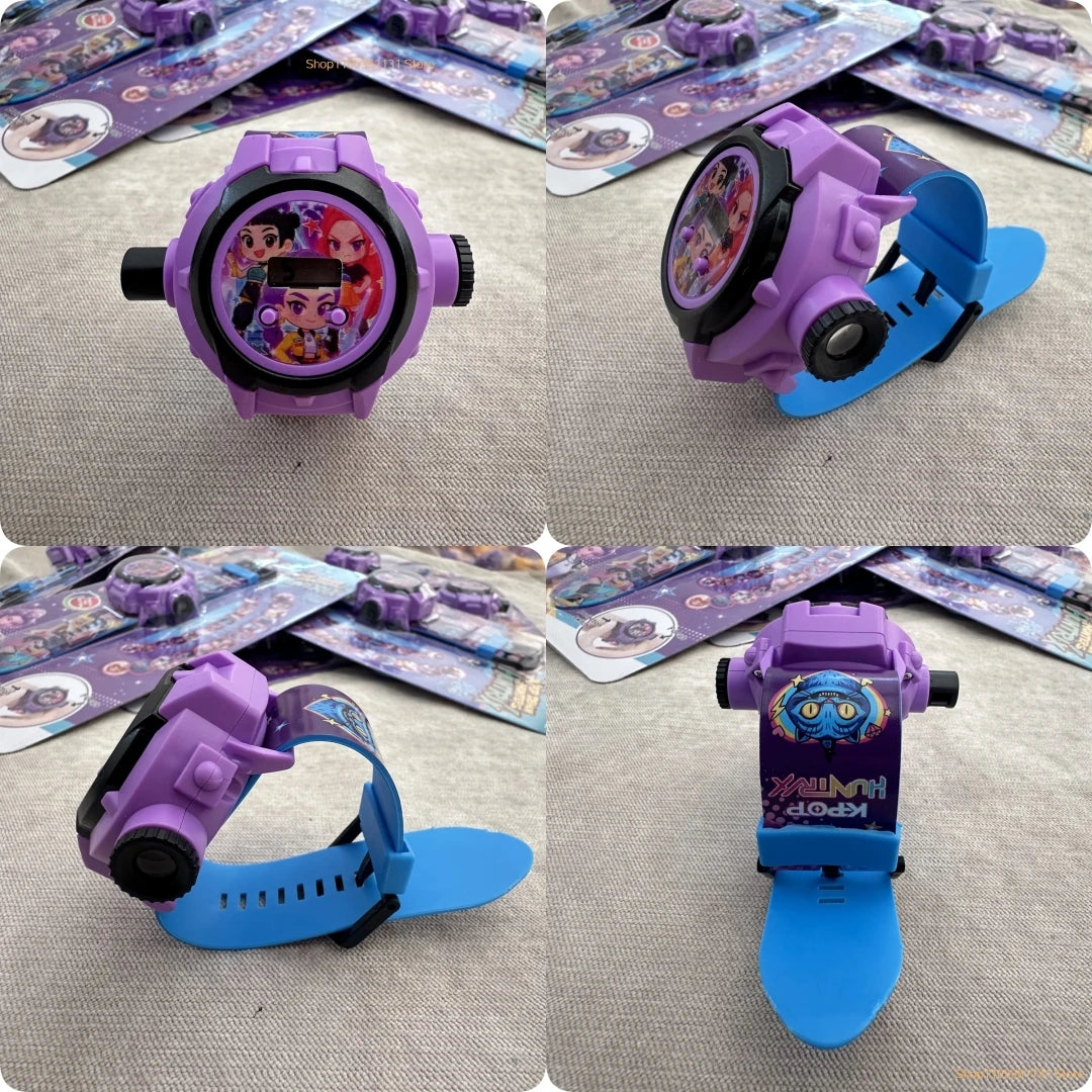 A purple and blue 3D projection anime wrist watch for kids shown in various angles.