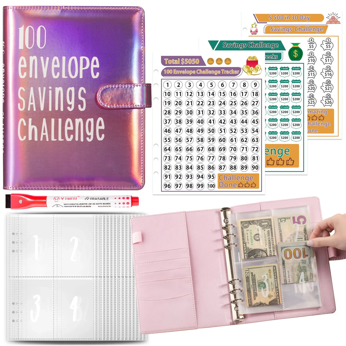 Lila Umschlag zum Sparen-Challenge-Tracker mit nummerierten Fächern und rosa Budget-Bindersystem.