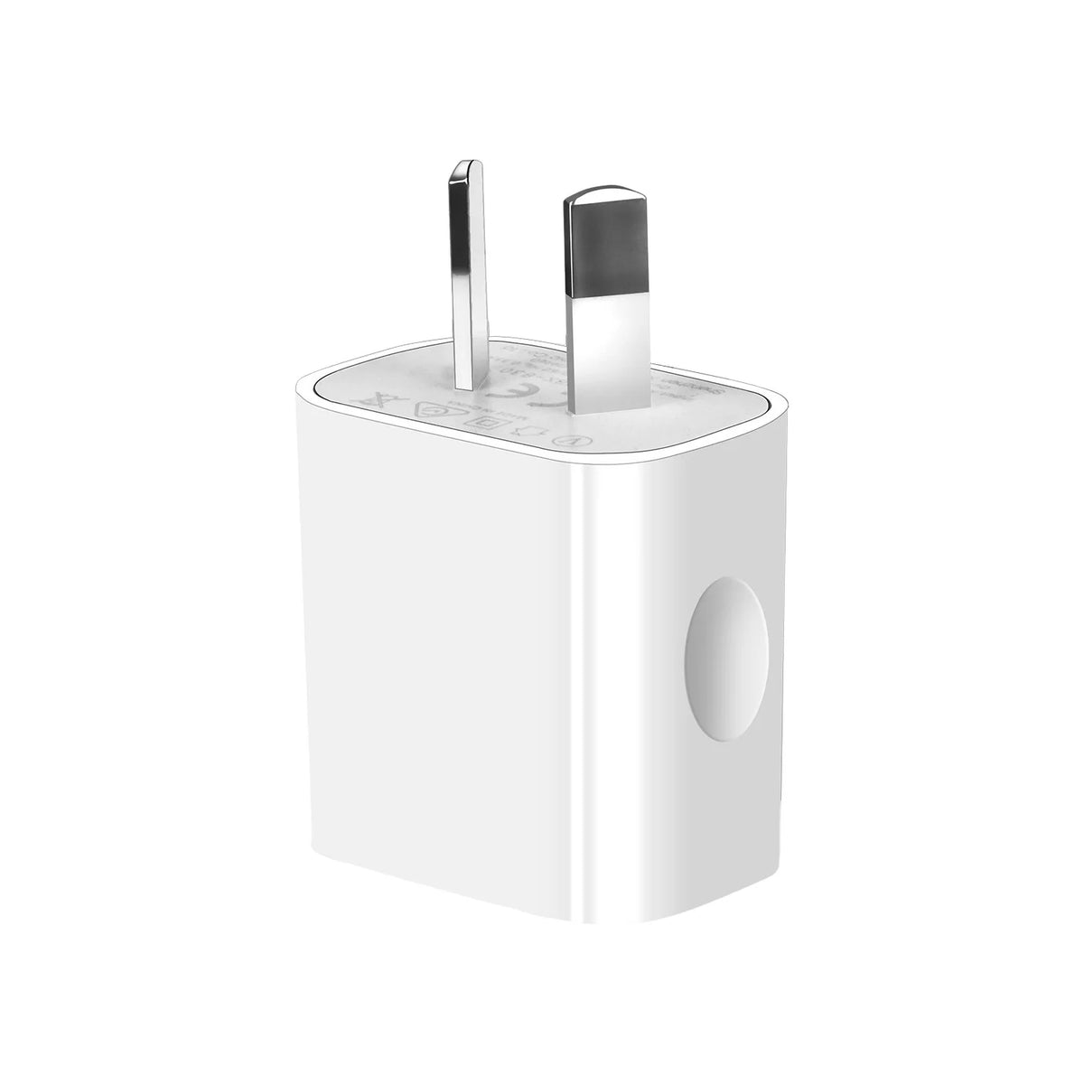 A white dual port wall charger with two cylindrical charging tips.