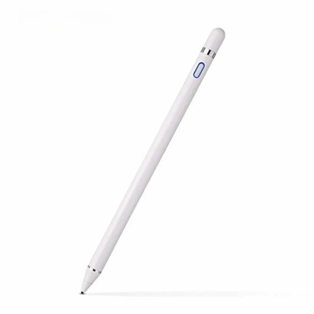 A white universal stylus pen with a blue tip shown diagonally against a white background.