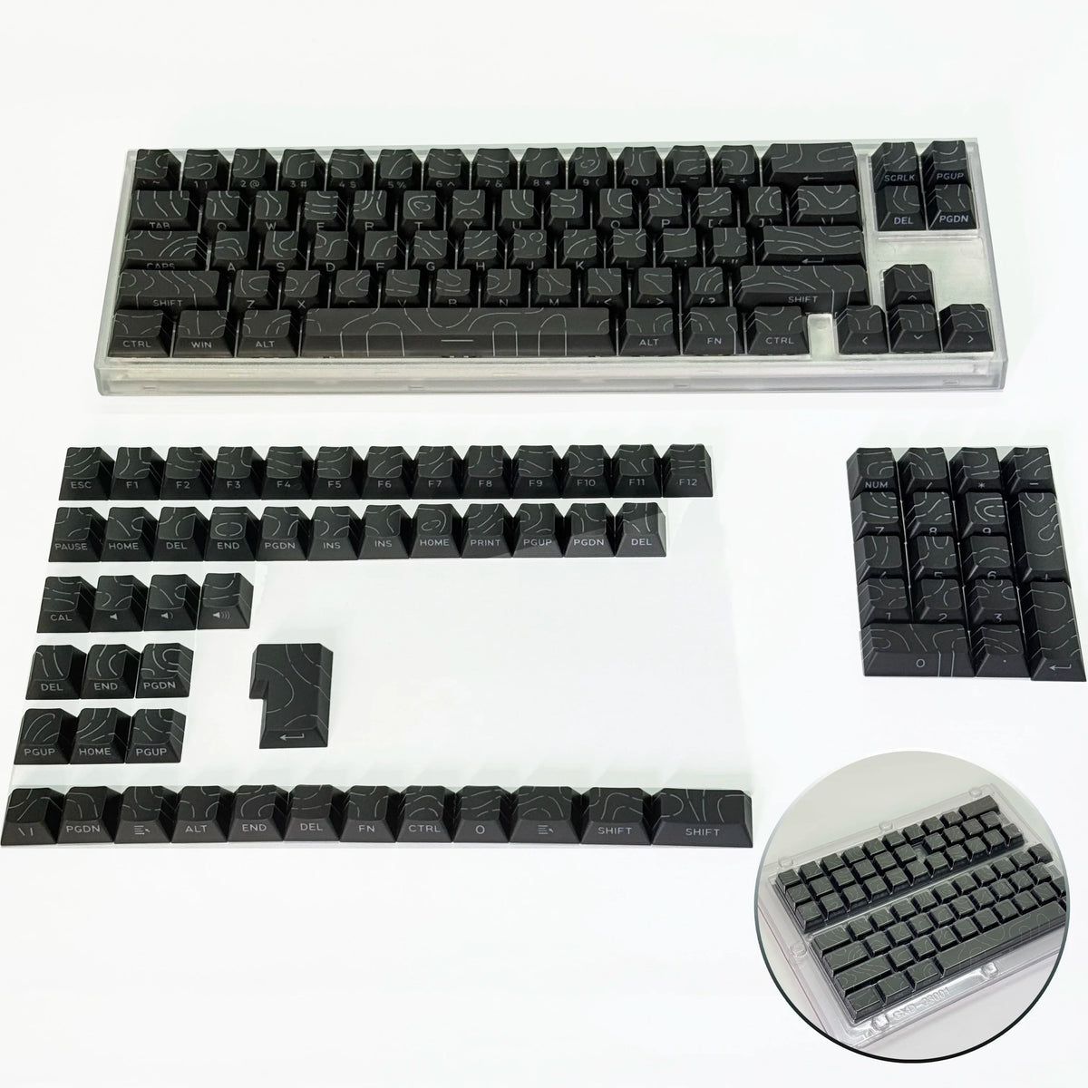 Colección de keycaps de contorno degradado negros para teclado mecánico, mostradas en varios diseños y vistas de cerca.
