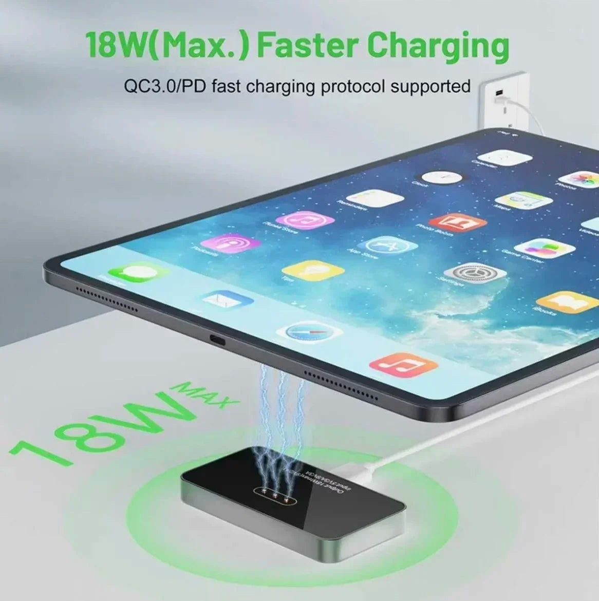 A magnetic wireless charging module is shown charging an iPad Pro via a cable.