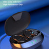 A black Bluetooth ear hook device is shown open on a blue surface with glowing green indicators.