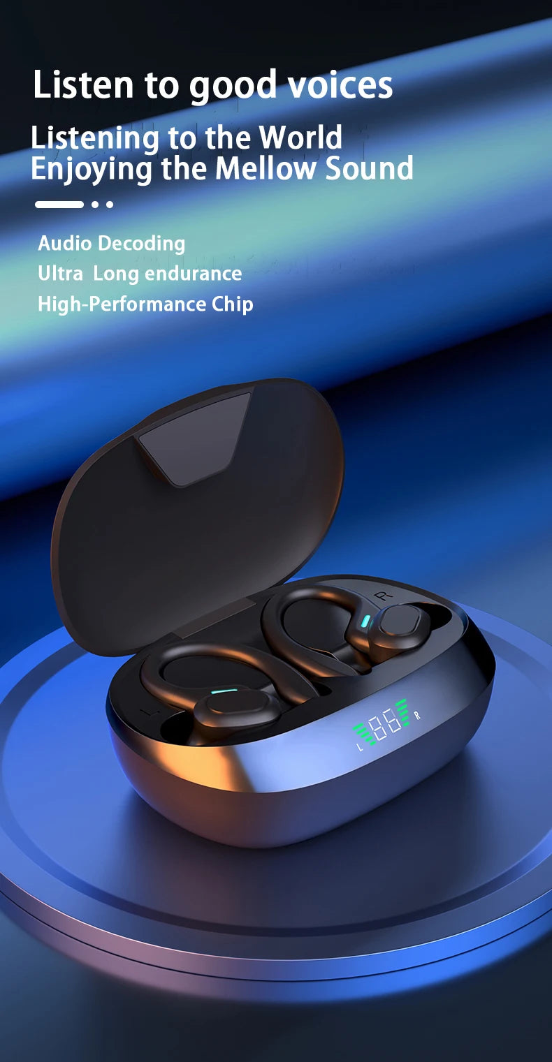 A black Bluetooth ear hook device is shown open on a blue surface with glowing green indicators.