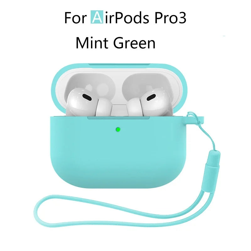 Mint green protective case and charging cable for AirPods Pro 3 earbuds