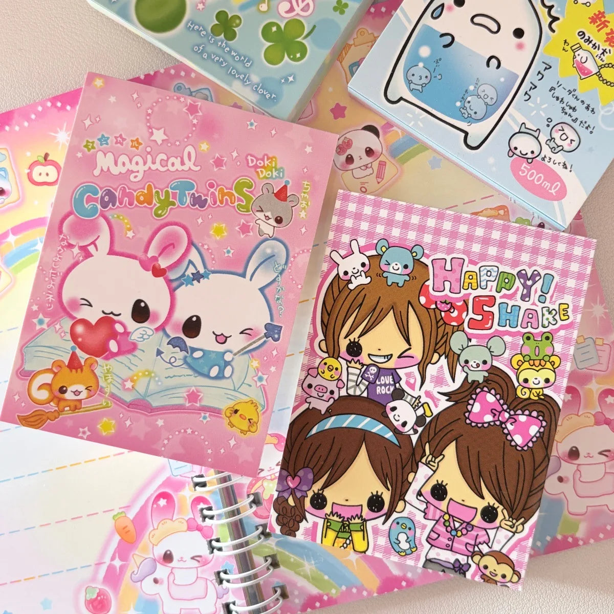 A collection of colorful magical candy twin themed memo pads and stationery products.