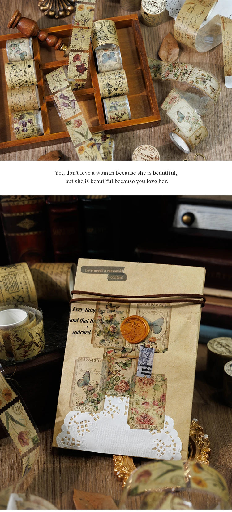 Set von Vintage Washi ausgeschnittener dekorativer Papierbandrollen in floralen und gemusterten Designs auf Holztablett