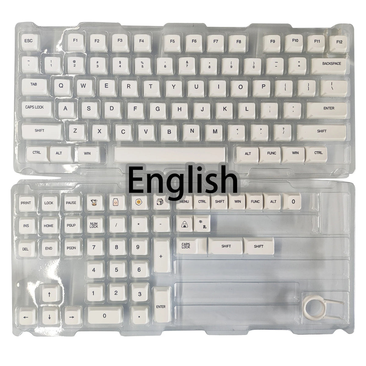 Klare Kunststoffhülle mit einem kompletten Set englischer mechanischer Tastenkappen und einem separaten Set aus Zahlen und Fu
