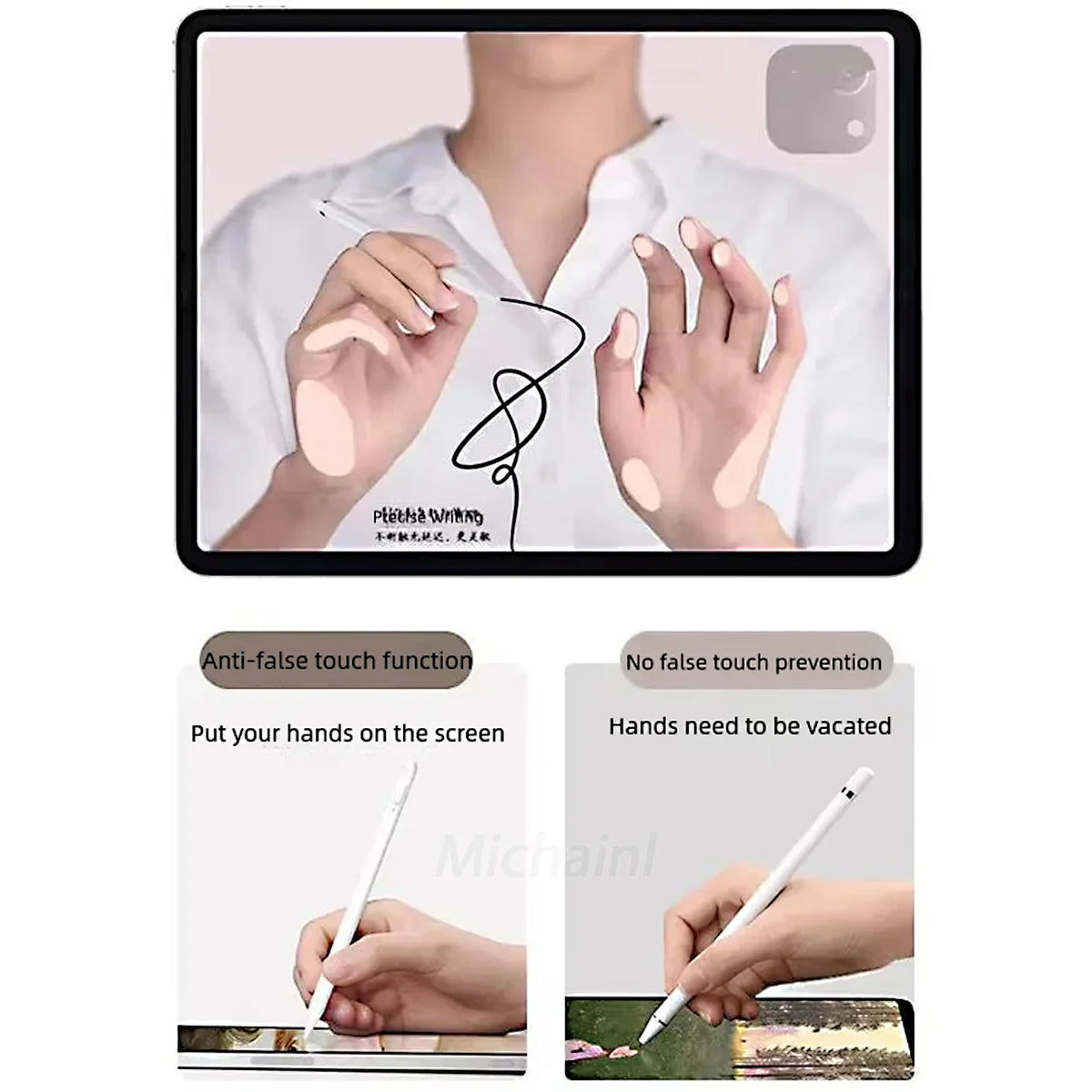 A close-up of a hand using a stylus pen on a screen, demonstrating touch function.