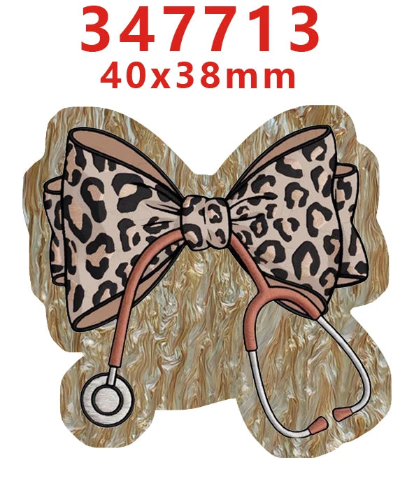 A set of ten leopard print acrylic hairbows with a water ripple effect.