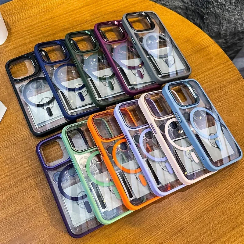 A collection of magnetic shockproof phone cases for iPhone in various colors and designs arranged on a wooden surface.
