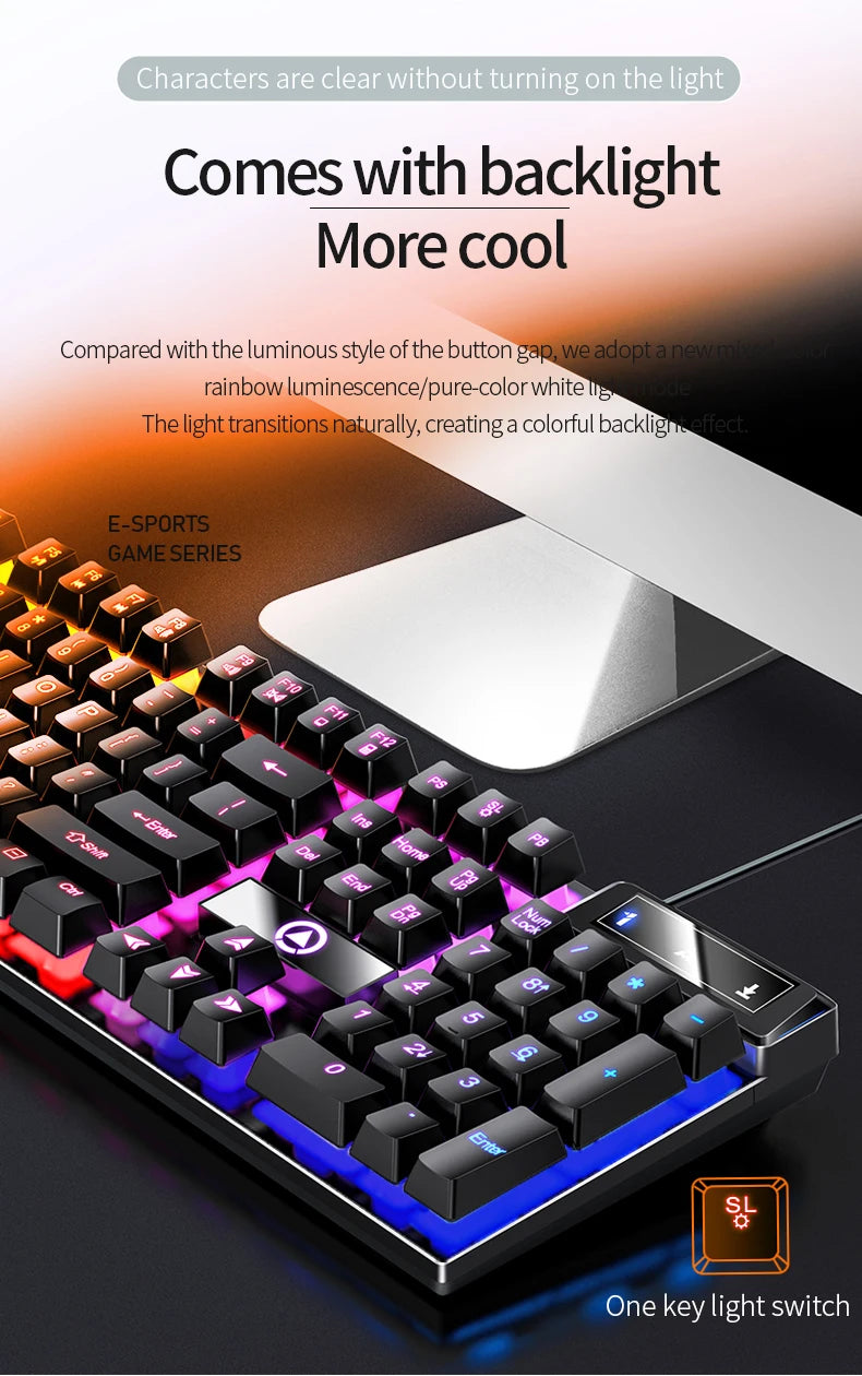 A close-up view of a black low profile wired gaming keyboard with RGB backlighting and a silver keycap, featuring a single ke