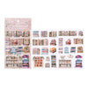 A sheet of retro 3D relief book gallery stickers featuring various stacked books in pastel and earthy tones.