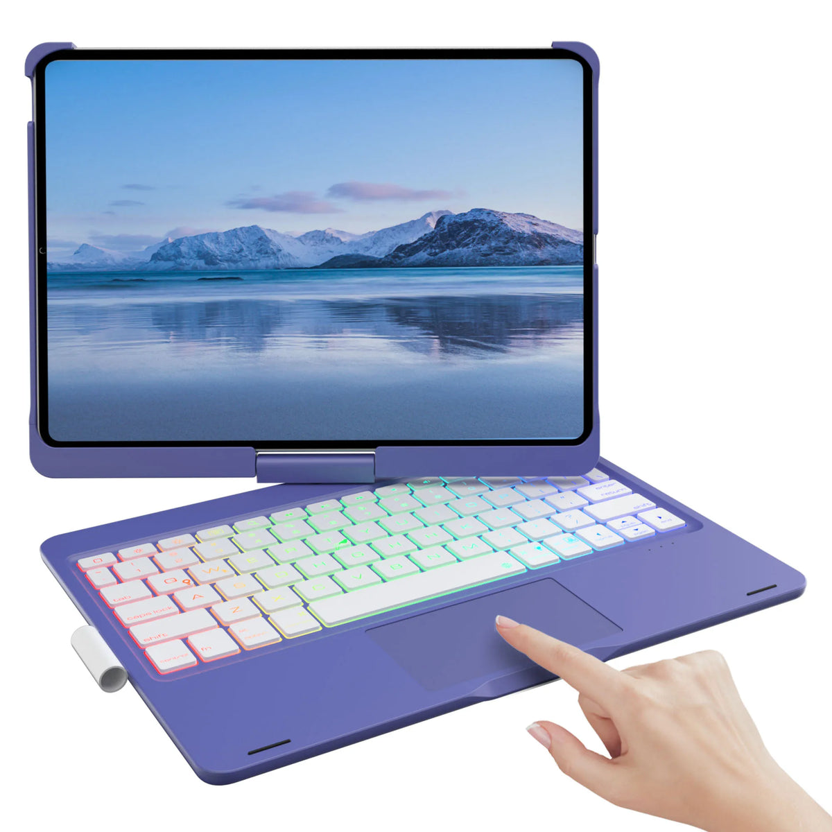 Lila beleuchtetes Tastaturgehäuse mit Trackpad, geöffnet, auf weißem Hintergrund.