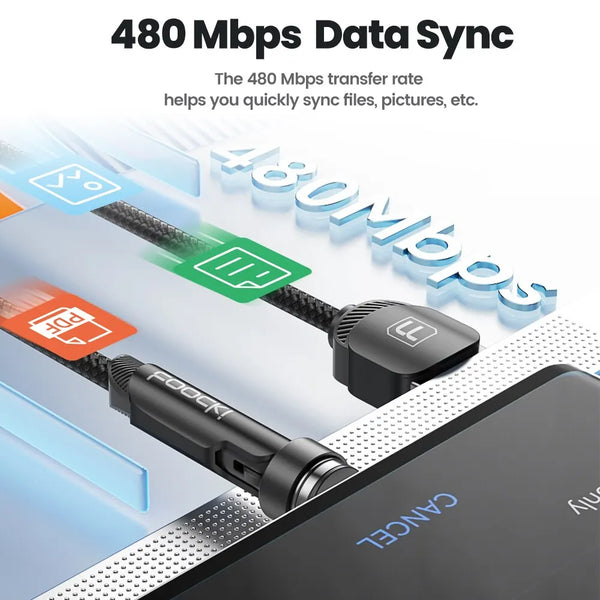 A black magnetic charging cable is shown connecting a device to a computer, illustrating 480 Mbps data sync.