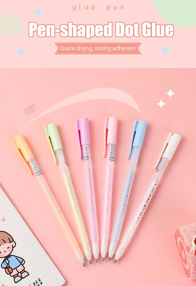 A collection of pen-shaped dot glue in various pastel colors, including pink, yellow, and blue, displayed on a pink backgroun