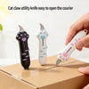 A hand uses a cat claw utility knife to open a shipping box.