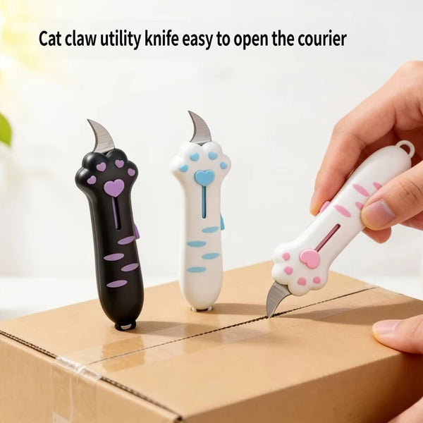 A hand uses a cat claw utility knife to open a cardboard courier box.