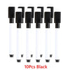 Ten black dry erase marker pens with magnetic erasers displayed in a row.