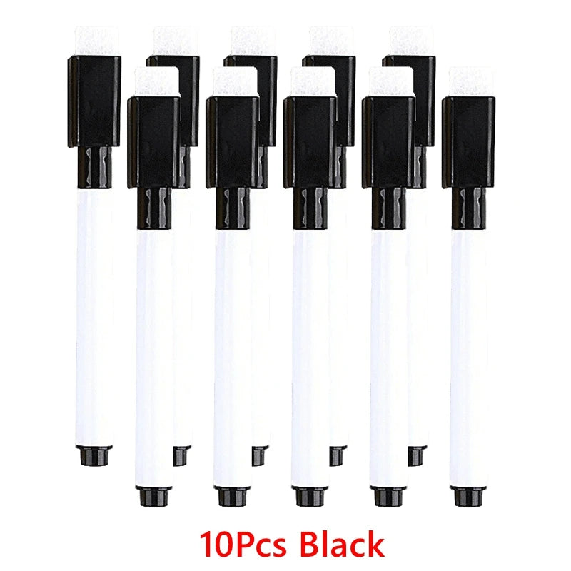 Ten black dry erase marker pens with magnetic erasers displayed in a row.