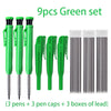 A green set containing 9 pieces including three pens, three pen caps, and three boxes of lead.