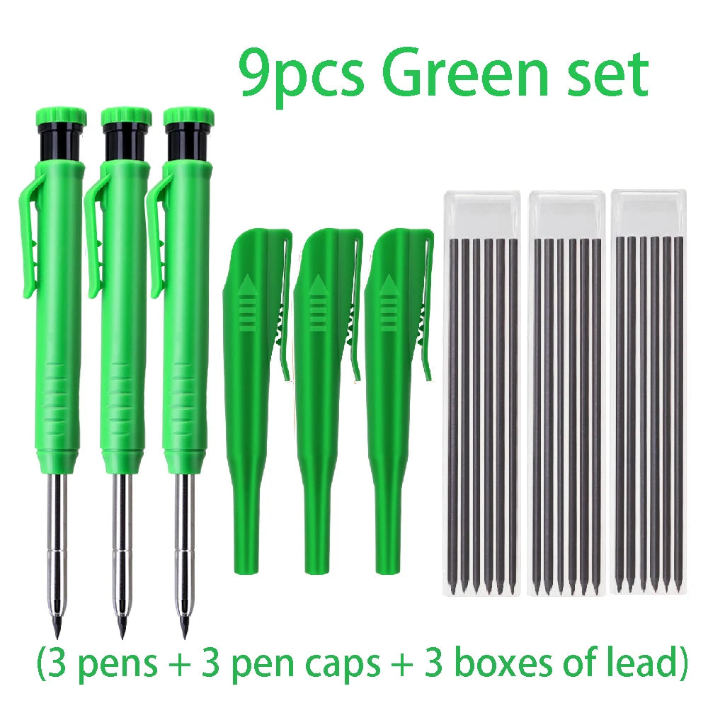 A green set containing 9 pieces including three pens, three pen caps, and three boxes of lead.