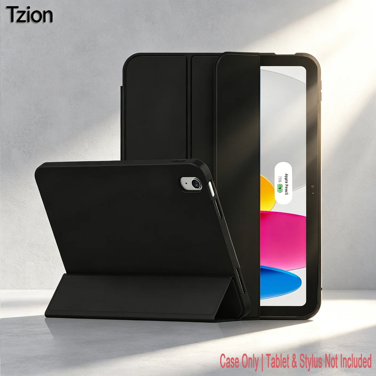 Black trifold smart cover for an iPad displayed on a light gray surface.
