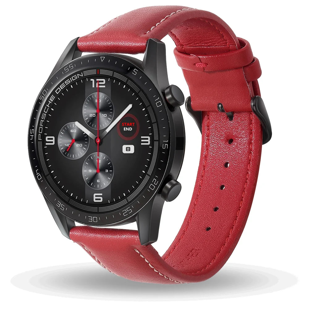 A red leather watch with a black face and silver accents, shown on a wrist.