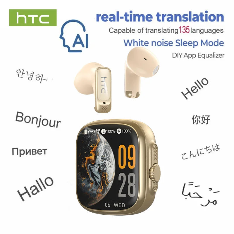 AI-powered translator earbuds and a smart touch screen case demonstrating real-time language translation.