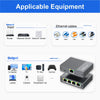 Diagram showing applicable equipment for a 1 to 4 Gigabit Ethernet splitter, including routers, switches, cables, computers, 