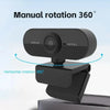 A black webcam mounted on a horizontal swivel base, demonstrating 360-degree manual rotation.