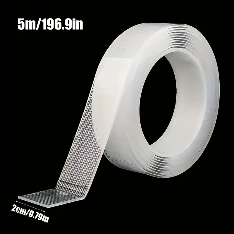 Roll of 5m (196.9in) heavy duty double-sided transparent mounting tape with a 2cm (0.79in) width.
